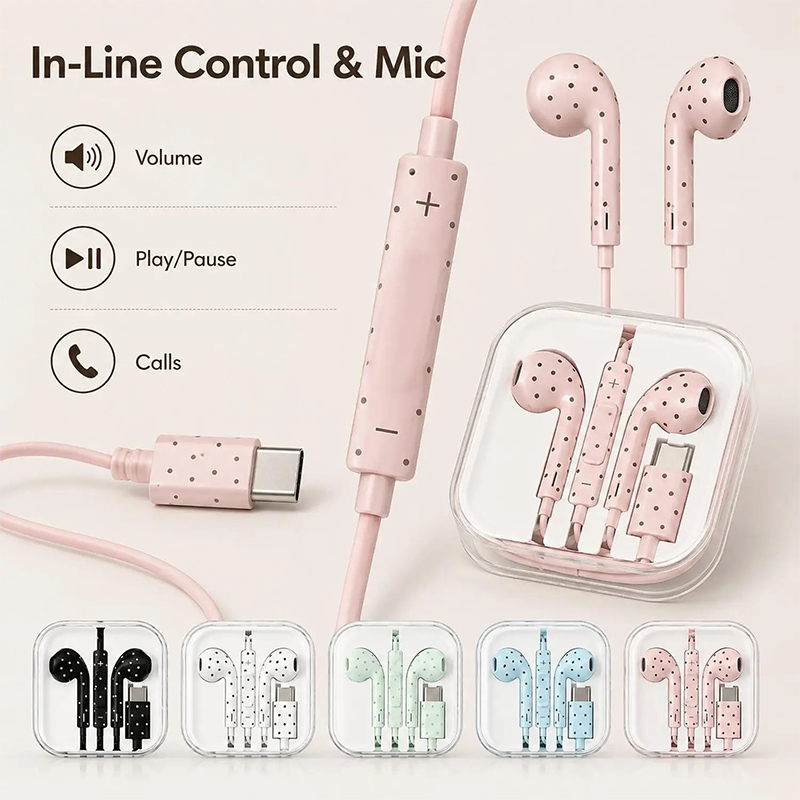 سماعات أذن سلكية لطيفة بنقشة ا - مراجعة Type C Wired Earphones With Mic وسعره